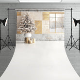 Lofaris Modern Christmas Sweep Photo Backdrop Window with Snowy View and Frosted Tree Neutral Holiday Studio Prop
